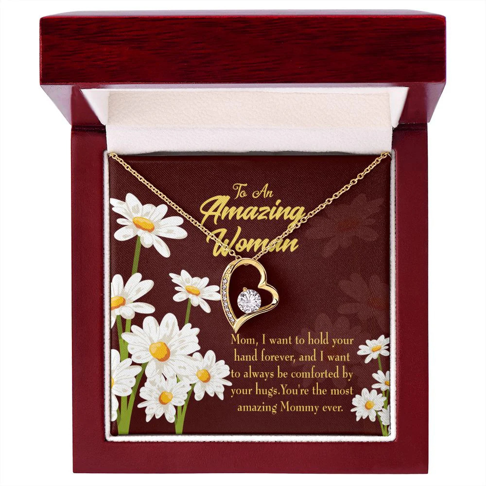 Mom Hold Your Hand Forever Love CZ Heart Necklace Yellow Gold Luxury Box